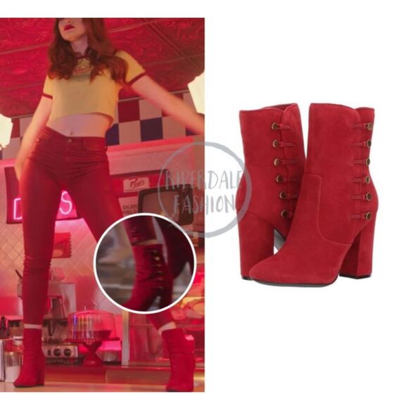 Guess Women's Size 8M Red Lucena Suede Boots Gold Buttons Block Heels EUC - Picture 1 of 9